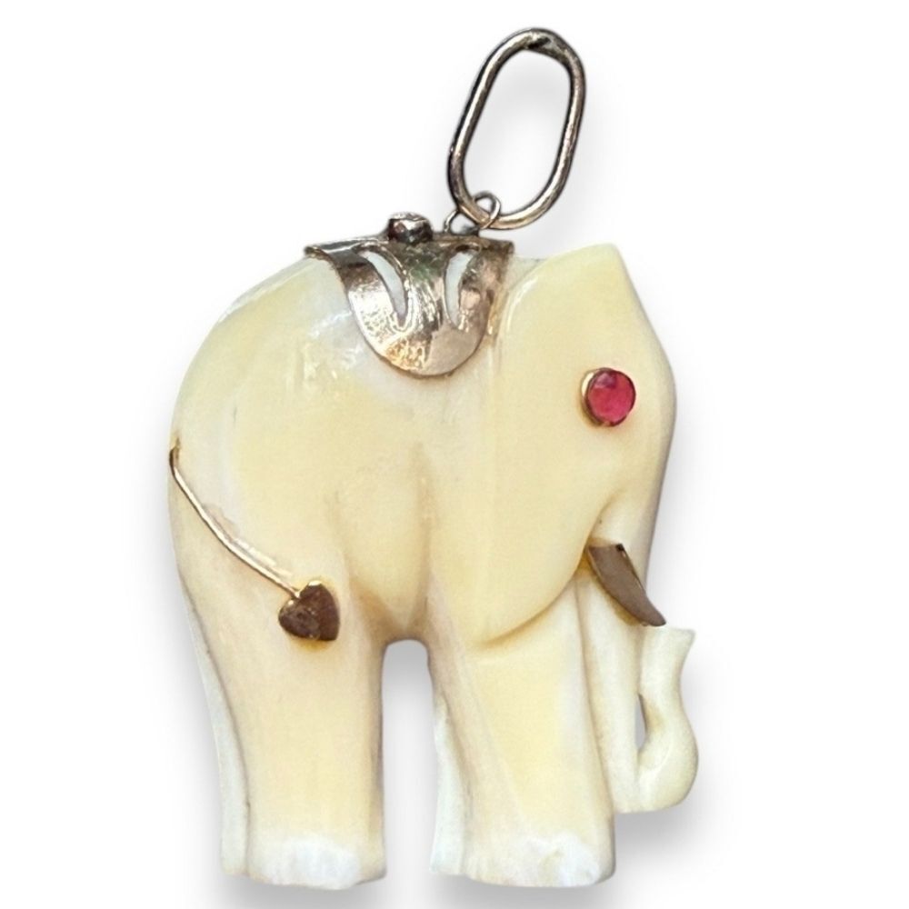 Vintage 14k Gold and Carved Bone Elephant Pendant